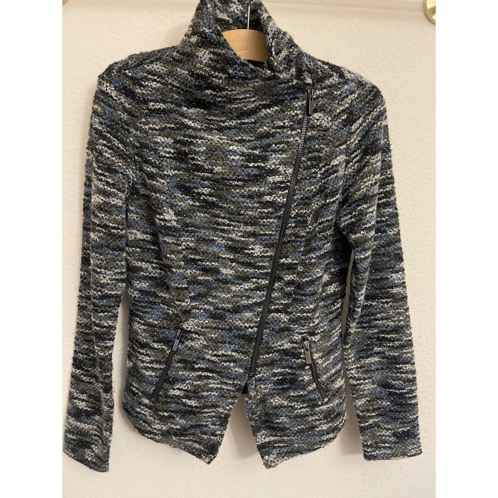Halogen Womens XS Asymmetrical Zip Up Tweed Knit Jacket‎ Gray Blue Black